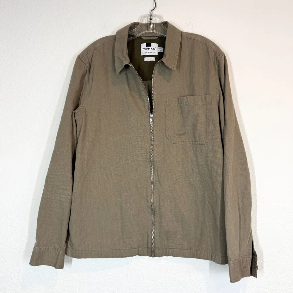 Topman Jacket Embroidered Overshirt Khaki Zip Medium